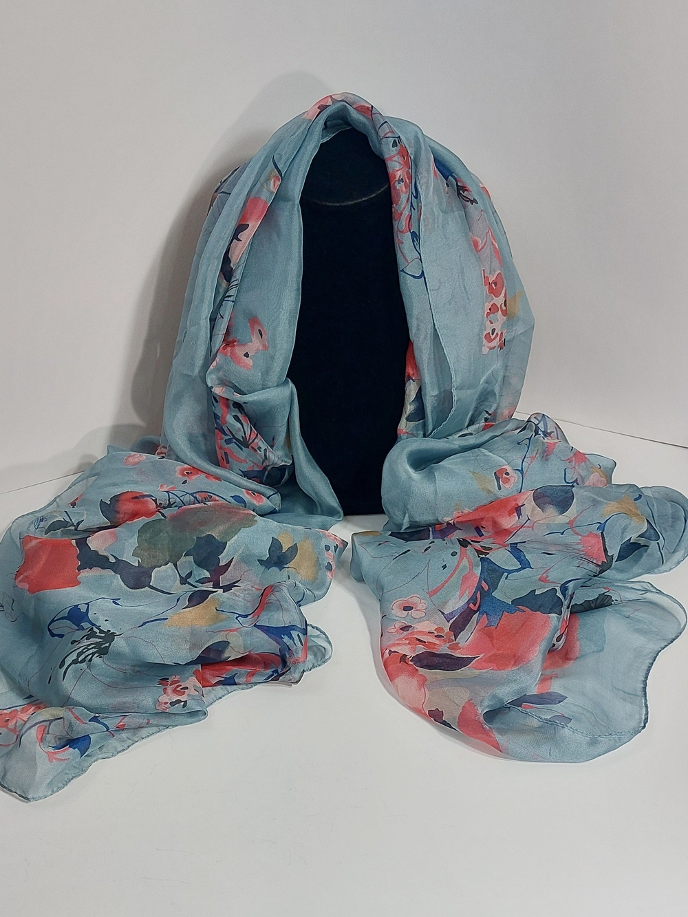 Womens Rectangle Scarf Blue Pink Coral Floral Chiffon Polyester Fringe 38x72